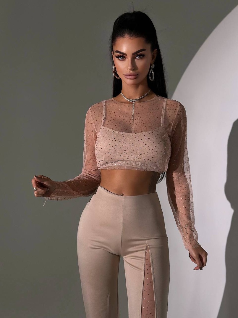 Комплект: топ + штани із сіткою зі стразами  Комплект: топ + штани із сіткою зі стразами  | PUSHKA SHOP