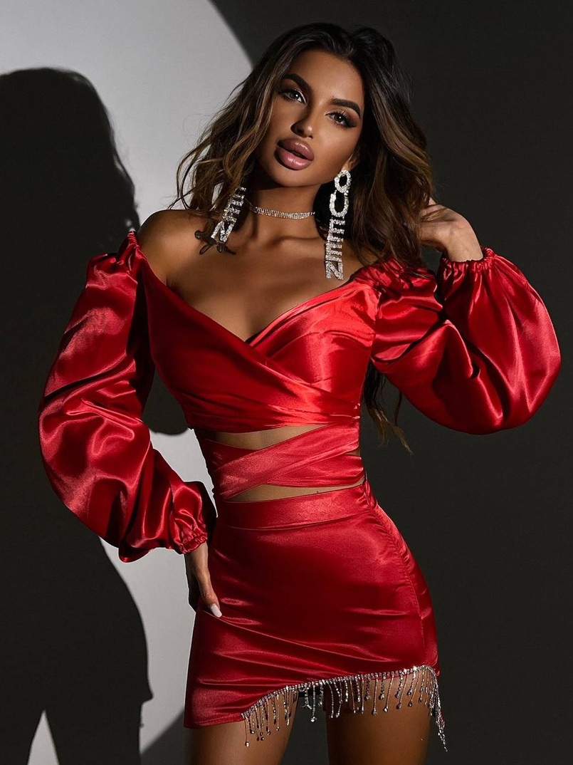 Атласний комплект, бахромою зі стразами  Ручна робота, прикраса пришита  | PUSHKA SHOP