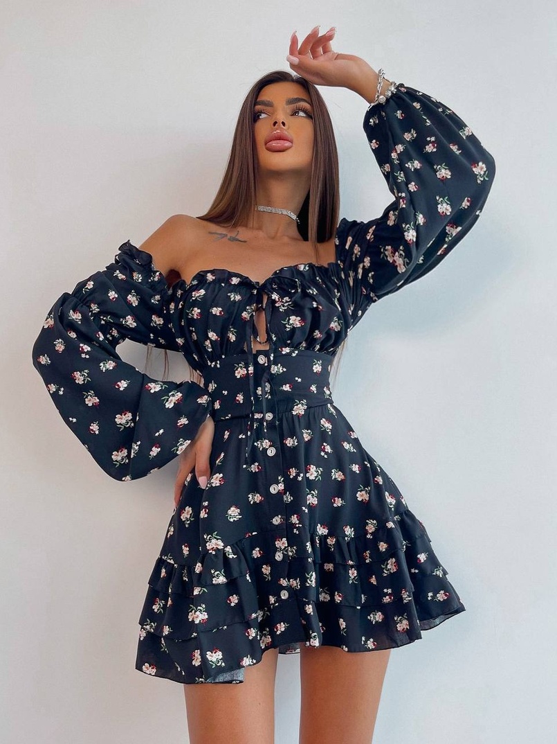 Сукня з квітковим принтом з воланами на ґудзиках  | PUSHKA SHOP