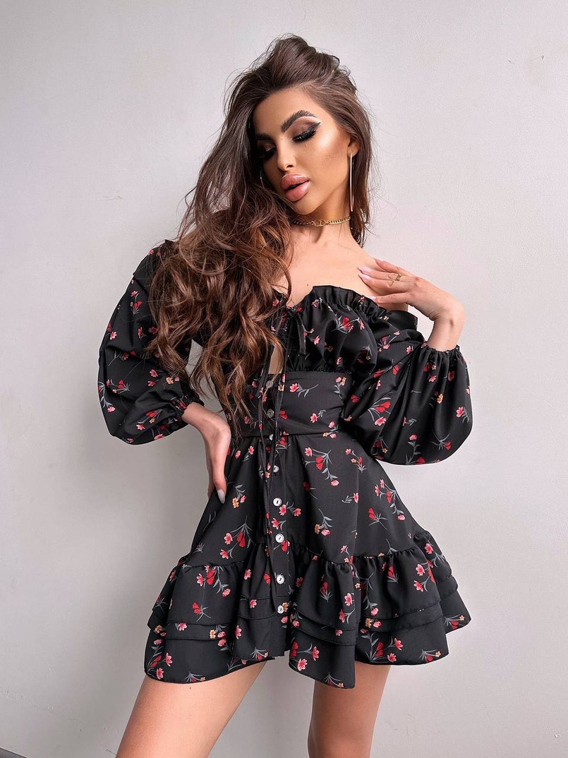 Сукня з квітковим принтом з воланами на ґудзиках  Сукня з квітковим принтом з воланами на ґудзиках  | PUSHKA SHOP
