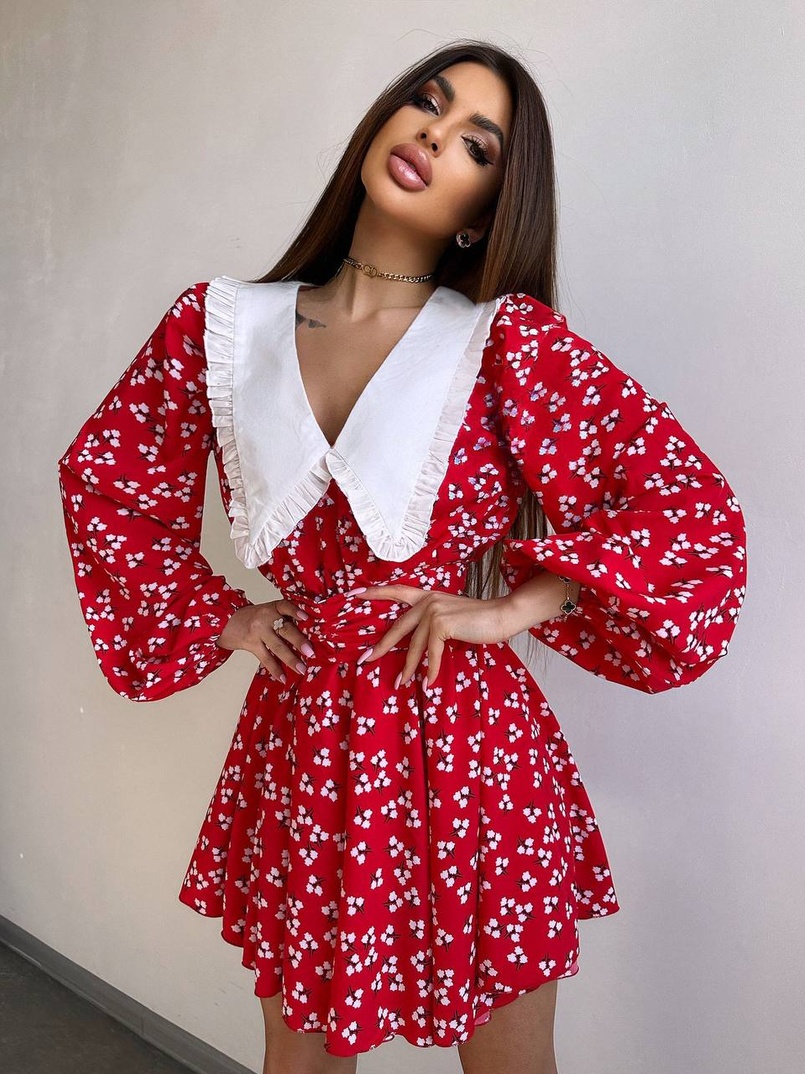 Сукня з коміром та об'ємними рукавами з широким поясом | PUSHKA SHOP