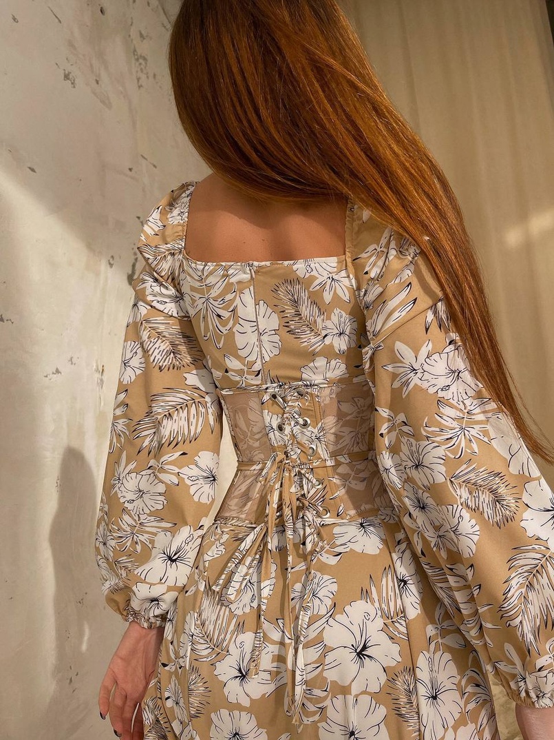 Сукня міді з розрізом в квітковий принт + прозорий корсет  | PUSHKA SHOP