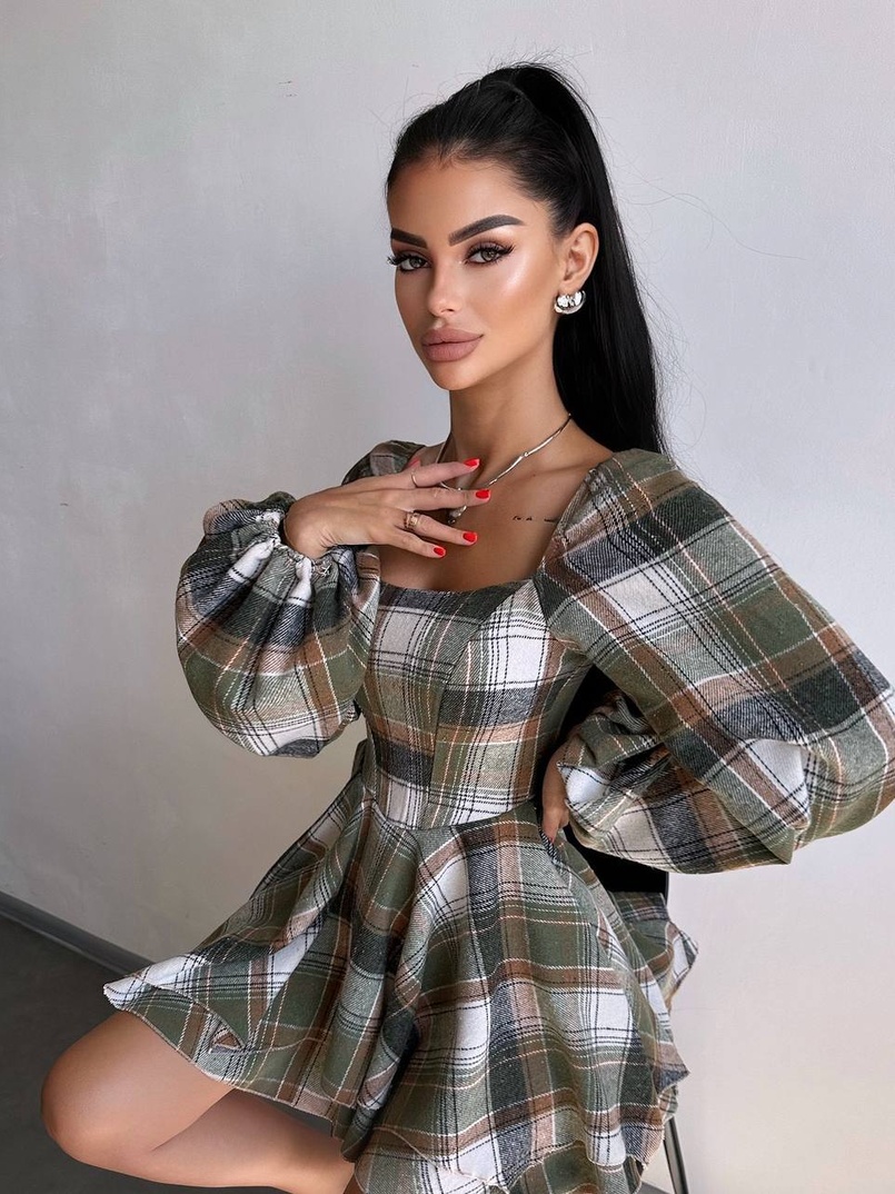 Корсетна сукня з подвійною спідницею та обʼємними рукавами у клітинку  Корсетна сукня з подвійною спідницею та обʼємними рукавами у клітинку  | PUSHKA SHOP