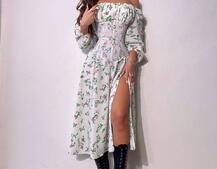 Сукня міді з розрізом в квітковий принт + прозорий корсет  | PUSHKA SHOP