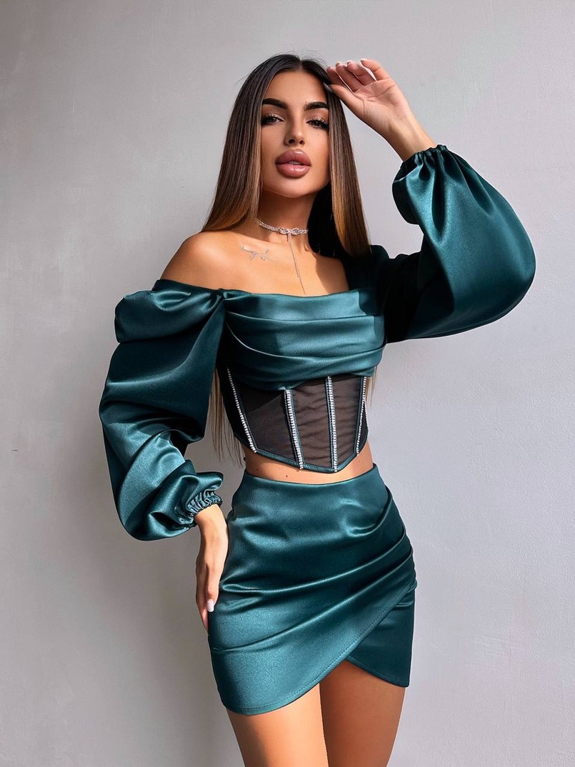 Комплект: корсет, декорований стразами   + спідниця міні з драпіруванням  Комплект: корсет, декорований стразами   + спідниця міні з драпіруванням  | PUSHKA SHOP