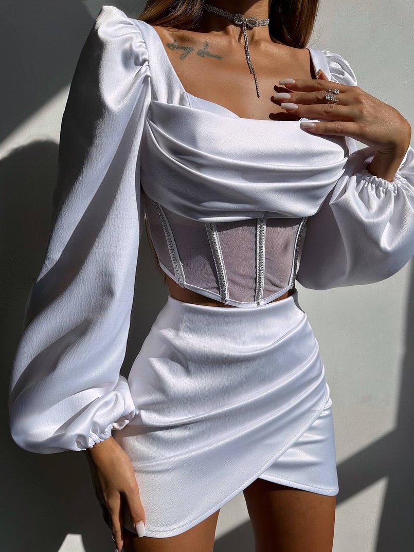 Комплект: корсет, декорований стразами   + спідниця міні з драпіруванням  Комплект: корсет, декорований стразами   + спідниця міні з драпіруванням  | PUSHKA SHOP