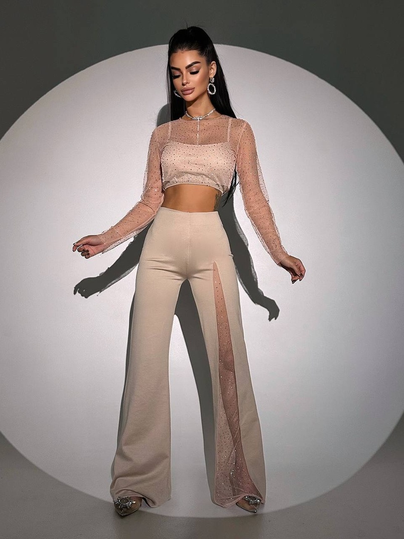 Комплект: топ + штани із сіткою зі стразами  Комплект: топ + штани із сіткою зі стразами  | PUSHKA SHOP