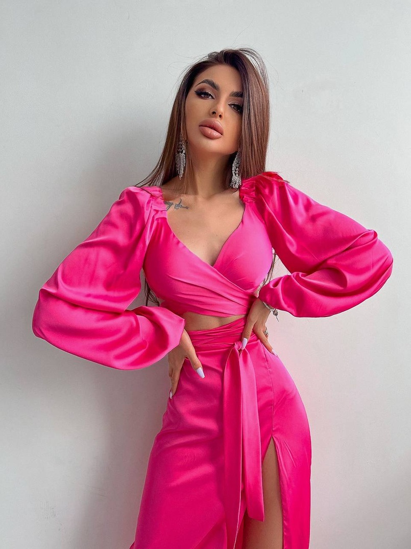 Шелковый комплект: топ с завязками на талии + юбка миди с разрезом  | PUSHKA SHOP