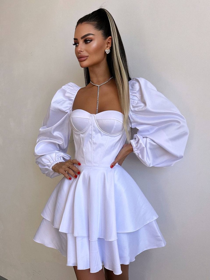 Атласна корсетна сукня бюстьє з пишною подвійною спідницею та об‘ємними рукавами | PUSHKA SHOP