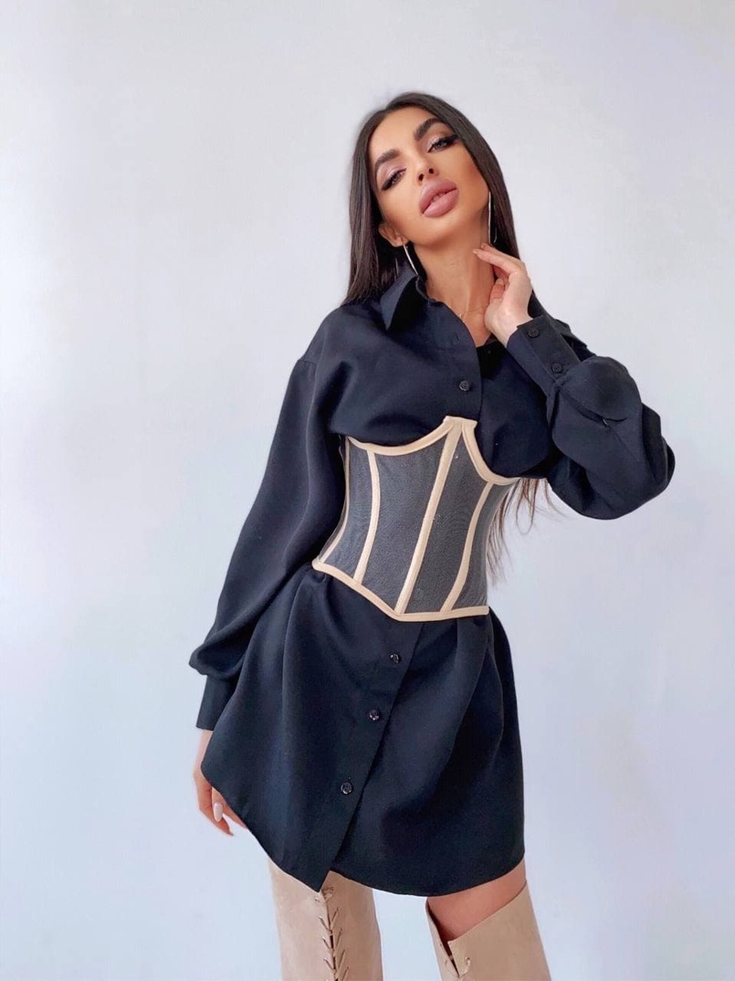 Комплект: платье-рубашка с прозрачным бельевым корсетом на шнуровке  Комплект: платье-рубашка с прозрачным бельевым корсетом на шнуровке  | PUSHKA SHOP