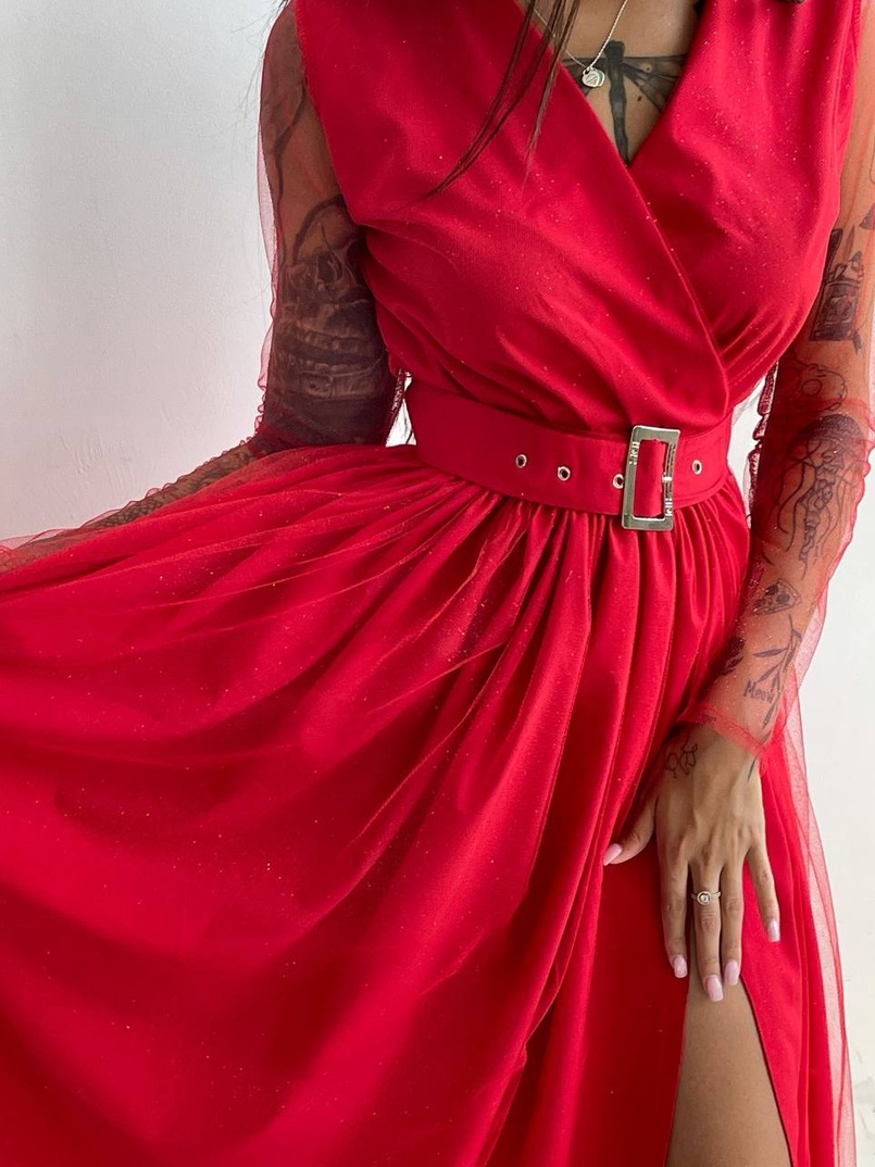 Блискуча сукня-міді із запахом на грудях і розрізом на спідниці з широким поясом  Блискуча сукня-міді із запахом на грудях і розрізом на спідниці з широким поясом  | PUSHKA SHOP