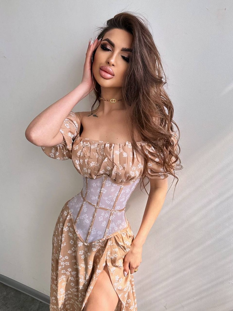 Сукня міді з розрізом в квітковий принт + прозорий корсет  Сукня міді з розрізом в квітковий принт + прозорий корсет  | PUSHKA SHOP