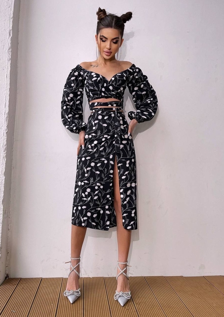 Комплект: топ із зав'язками на талії + спідниця міді з розрізом Комплект: топ із зав'язками на талії + спідниця міді з розрізом | PUSHKA SHOP