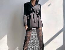 Комплект: піджак + блуза з баской + мереживна спідниця-шорти  Комплект: піджак + блуза з баской + мереживна спідниця-шорти  | PUSHKA SHOP