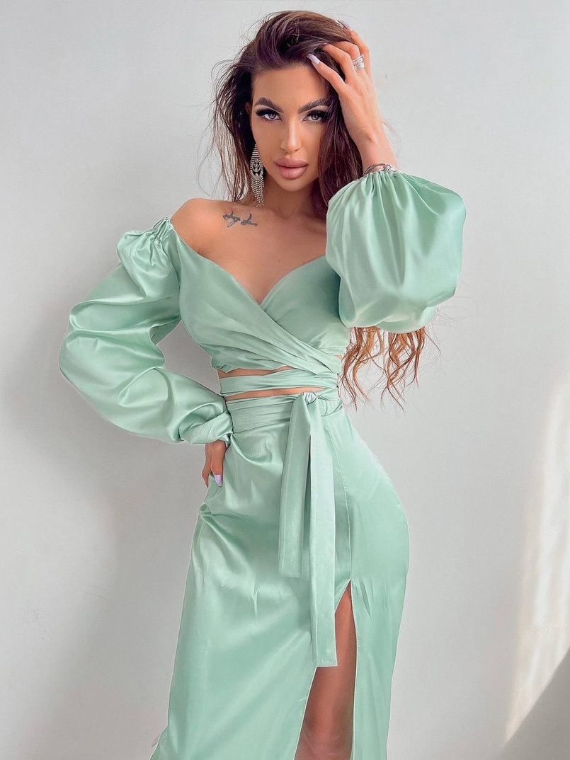 Шелковый комплект: топ с завязками на талии + юбка миди с разрезом  | PUSHKA SHOP