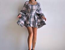 Корсетна сукня з подвійною спідницею та обʼємними рукавами у клітинку  Корсетна сукня з подвійною спідницею та обʼємними рукавами у клітинку  | PUSHKA SHOP