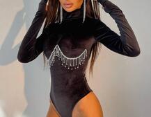 Оксамитовий боді-гольф, декорований бахромою зі страз Оксамитовий боді-гольф, декорований бахромою зі страз | PUSHKA SHOP