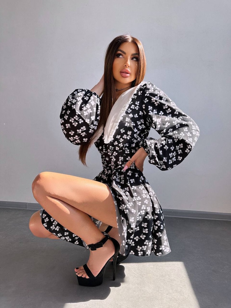 Сукня з коміром та об'ємними рукавами з широким поясом | PUSHKA SHOP