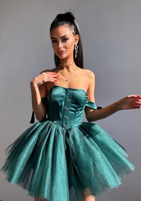 Атласна корсетна сукня міні з гачками та пишною фатиновою спідницею  | PUSHKA SHOP