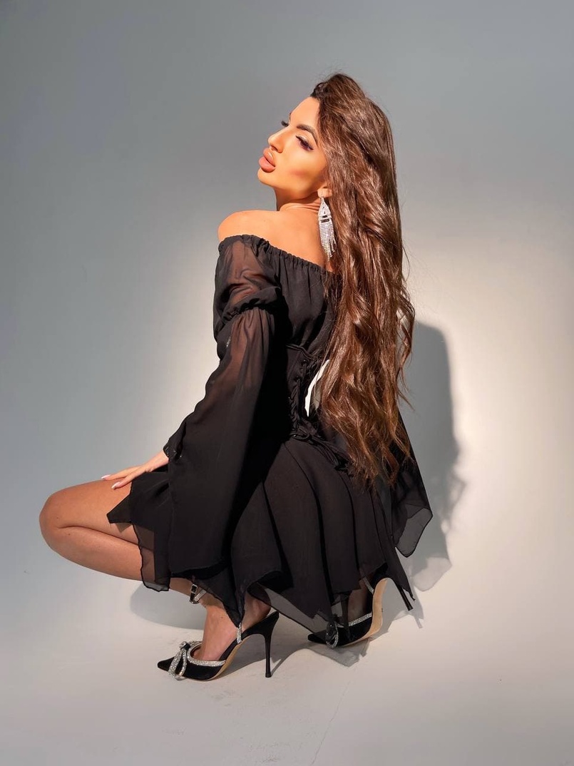 Шифоновое платье ассиметричного кроя с расклешенными рукавами + корсет декорированный стразами  Шифоновое платье ассиметричного кроя с расклешенными рукавами + корсет декорированный стразами  | PUSHKA SHOP