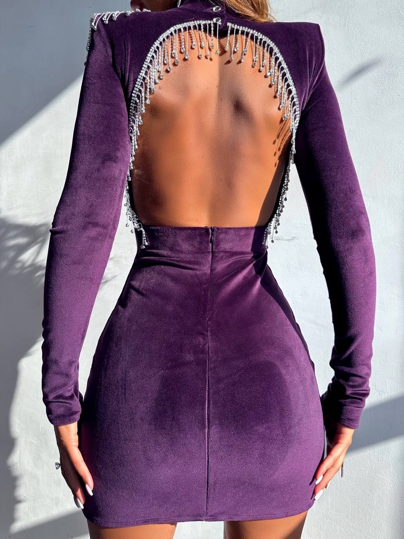 Оксамитова сукня з відкритою спинкою, декорована бахромою зі страз | PUSHKA SHOP