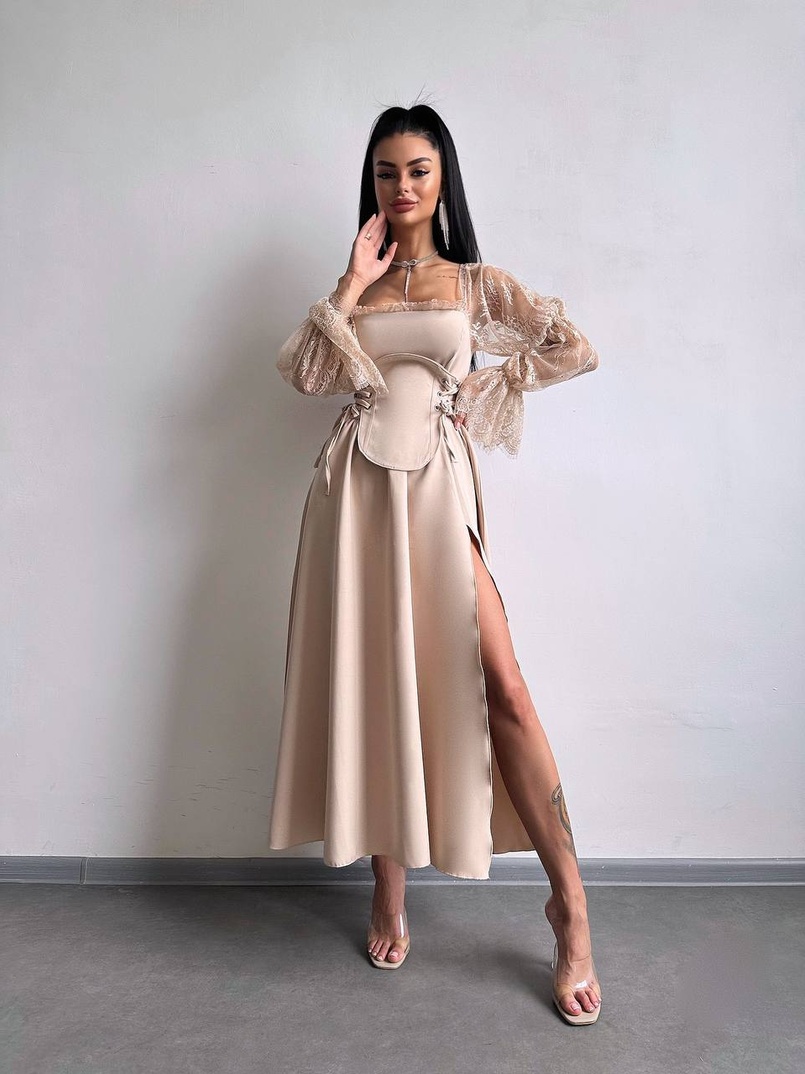 Сукня міді з корсетом декорована мереживом  | PUSHKA SHOP