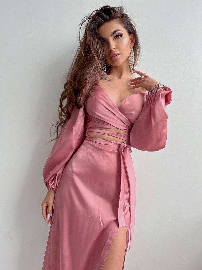 Шелковый комплект: топ с завязками на талии + юбка миди с разрезом  | PUSHKA SHOP