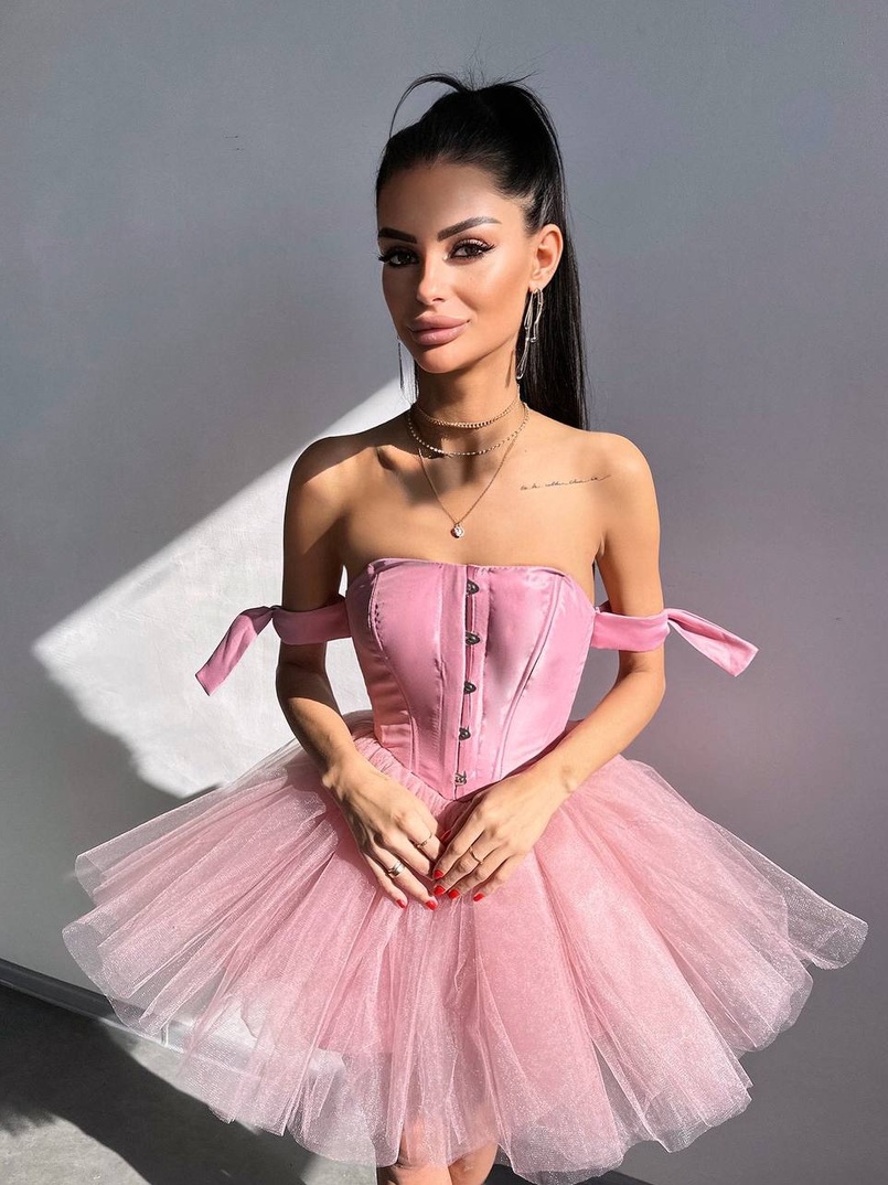 Атласна корсетна сукня міні з гачками та пишною фатиновою спідницею  Атласна корсетна сукня міні з гачками та пишною фатиновою спідницею  | PUSHKA SHOP