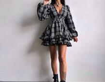 Сукня з подвійною спідницею та обʼємними рукавами у клітинку  Сукня з подвійною спідницею та обʼємними рукавами у клітинку  | PUSHKA SHOP