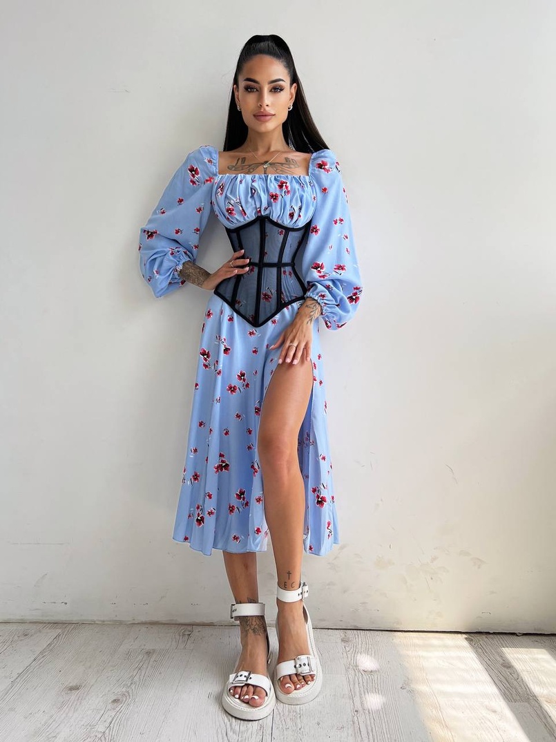 Сукня міді з розрізом в квітковий принт + прозорий корсет  Сукня міді з розрізом в квітковий принт + прозорий корсет  | PUSHKA SHOP