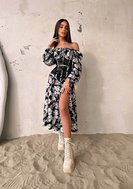 Сукня міді з розрізом в квітковий принт + прозорий корсет  | PUSHKA SHOP