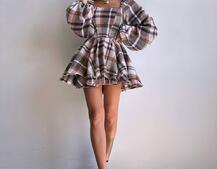 Корсетна сукня з подвійною спідницею та обʼємними рукавами у клітинку  Корсетна сукня з подвійною спідницею та обʼємними рукавами у клітинку  | PUSHKA SHOP