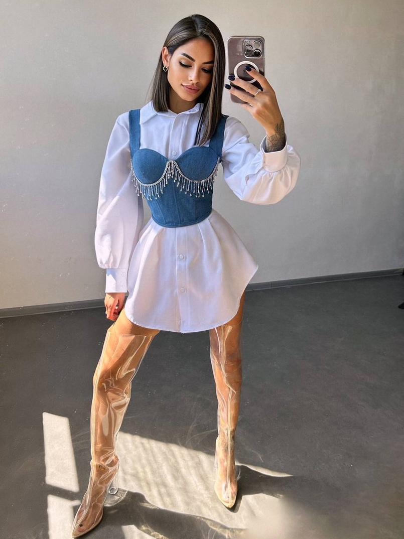 Приталена сорочка + корсет декорований бахромою зі страз Ручна робота Приталена сорочка + корсет декорований бахромою зі страз Ручна робота | PUSHKA SHOP