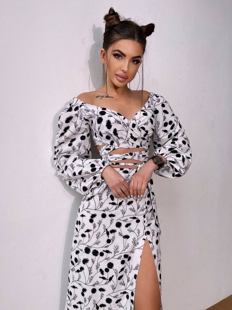 Комплект: топ із зав'язками на талії + спідниця міді з розрізом | PUSHKA SHOP