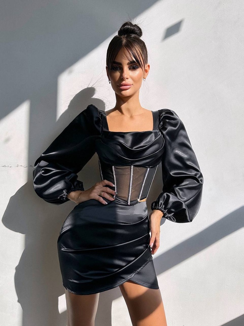 Комплект: корсет, декорований стразами + спідниця міні з драпіруванням   Ручна робота  | PUSHKA SHOP