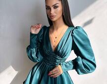 Атласна сукня з пишною подвійною спідницею та об‘ємними рукавами | PUSHKA SHOP