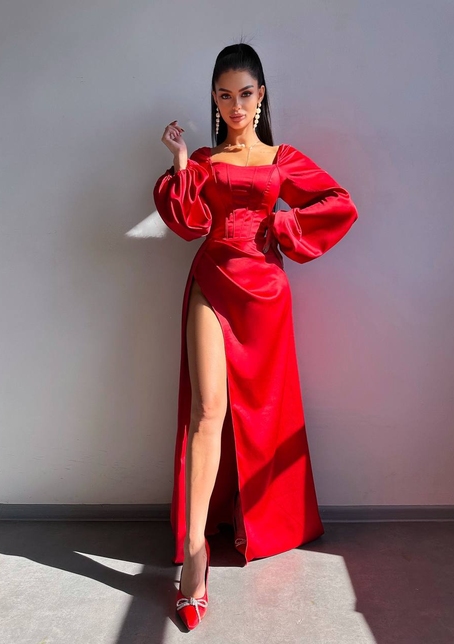 Атласний комплект: корсет + спідниця  максі з драпіруванням | PUSHKA SHOP