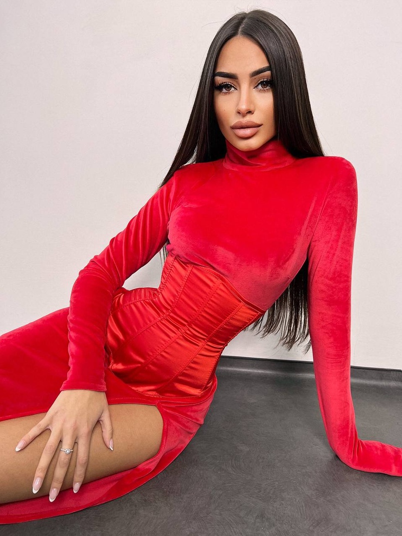 Оксамитова сукня міді з розрізом + атласний корсет | PUSHKA SHOP