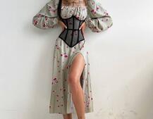 Сукня міді з розрізом в квітковий принт + прозорий корсет  | PUSHKA SHOP