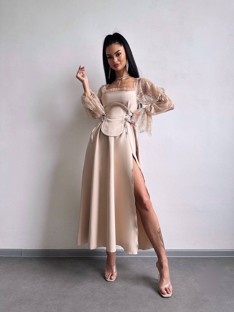 Сукня міді з корсетом декорована мереживом  | PUSHKA SHOP