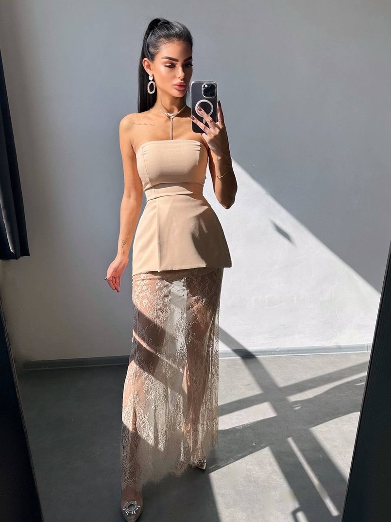 Комплект: піджак + блуза з баской + мереживна спідниця-шорти  Комплект: піджак + блуза з баской + мереживна спідниця-шорти  | PUSHKA SHOP