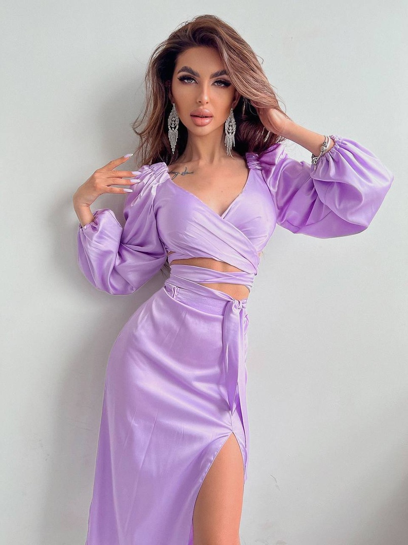 Шелковый комплект: топ с завязками на талии + юбка миди с разрезом  | PUSHKA SHOP