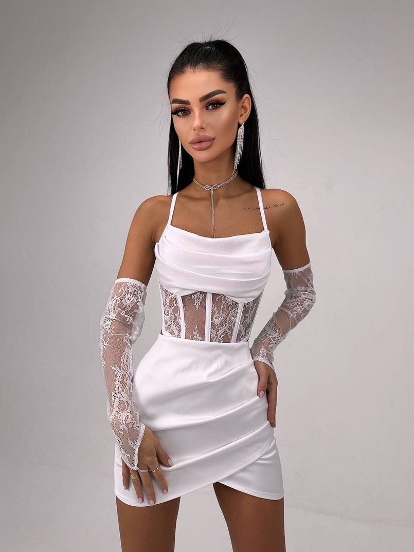 Комплект: корсет, декорований мереживом   + рукавички+ спідниця міні з драпіруванням   Комплект: корсет, декорований мереживом   + рукавички+ спідниця міні з драпіруванням   | PUSHKA SHOP