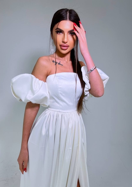 Атласное платье макси с объемными рукавами   | PUSHKA SHOP