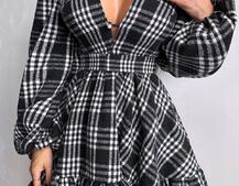 Сукня з подвійною спідницею та обʼємними рукавами у клітинку  Сукня з подвійною спідницею та обʼємними рукавами у клітинку  | PUSHKA SHOP