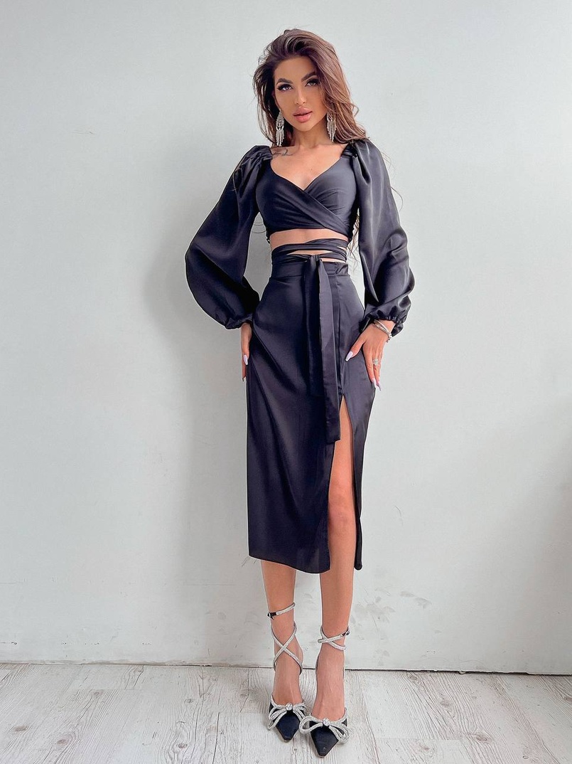 Шелковый комплект: топ с завязками на талии + юбка миди с разрезом  | PUSHKA SHOP