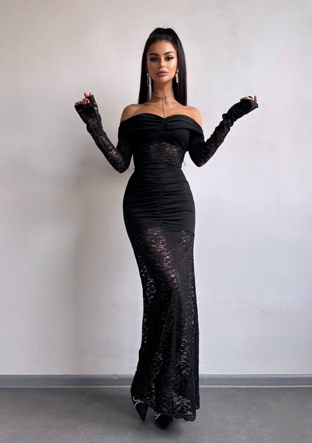 Мереживна сукня максі з драпіруванням | PUSHKA SHOP