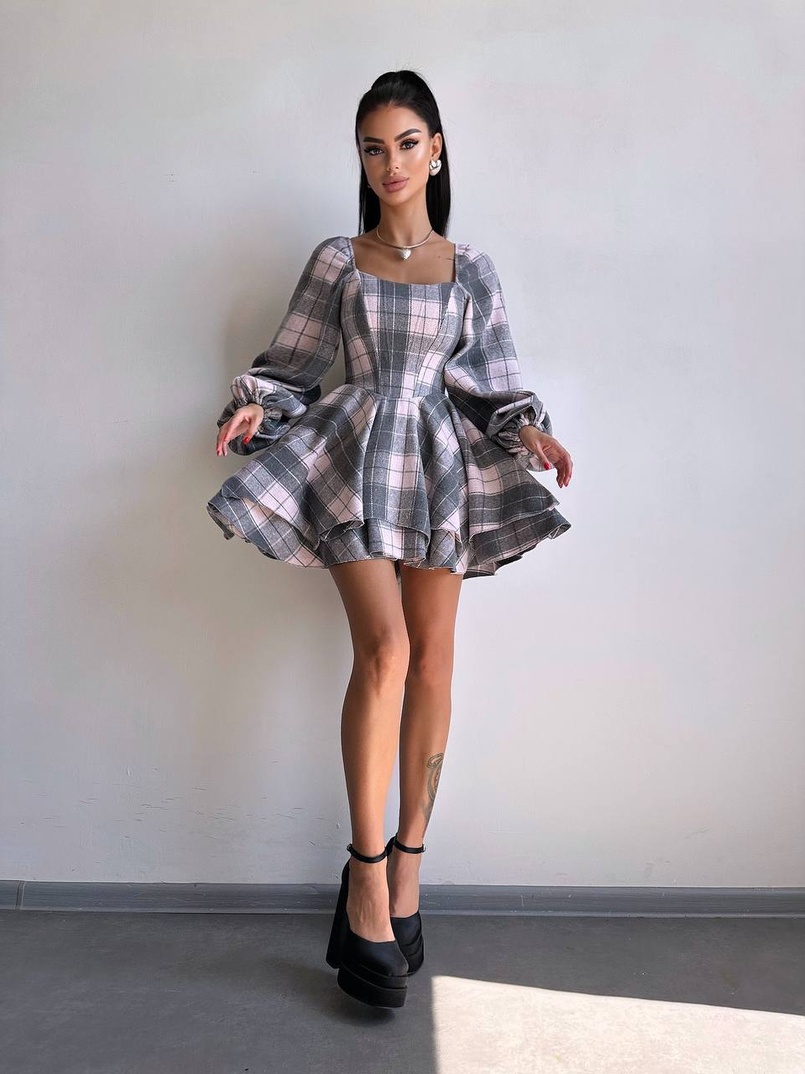 Корсетна сукня з подвійною спідницею та обʼємними рукавами у клітинку  Корсетна сукня з подвійною спідницею та обʼємними рукавами у клітинку  | PUSHKA SHOP