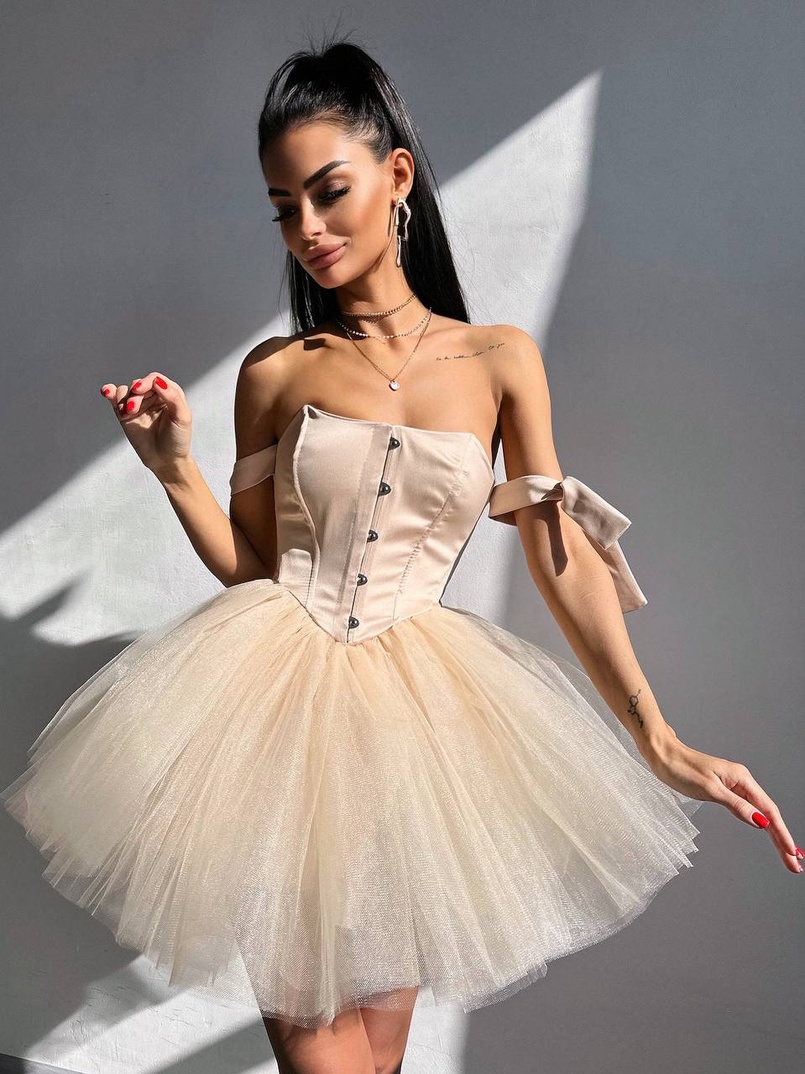 Атласна корсетна сукня міні з гачками та пишною фатиновою спідницею  | PUSHKA SHOP