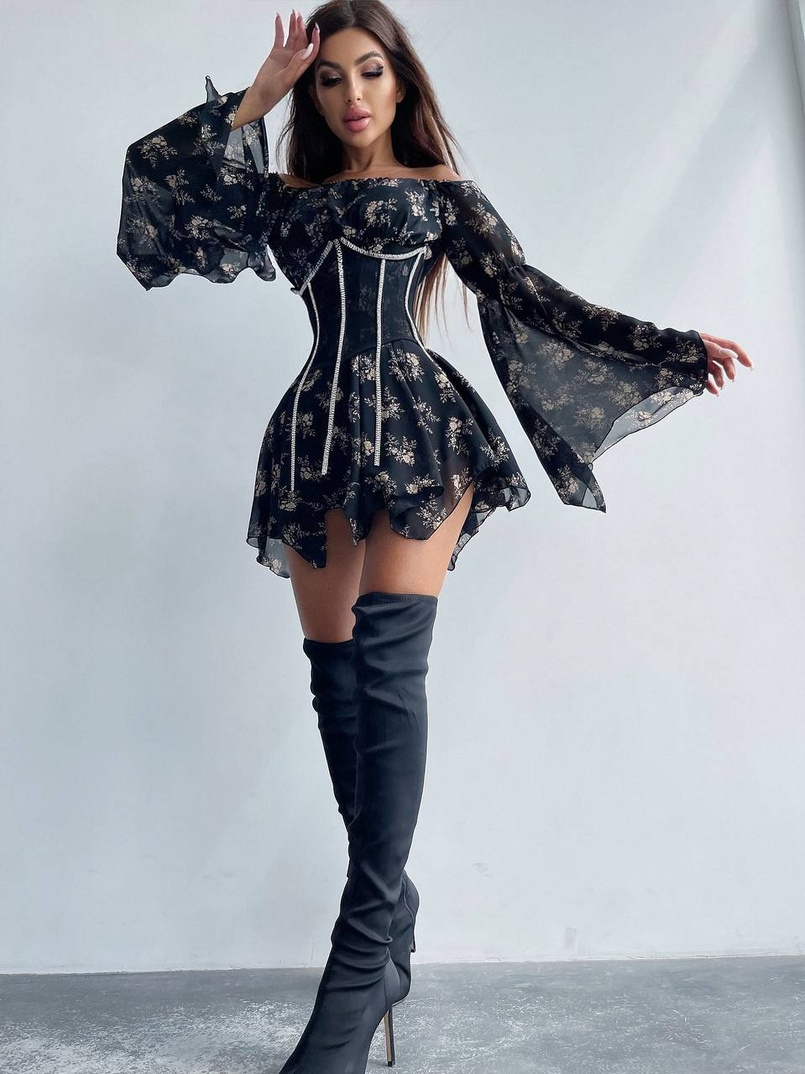 Шифонова сукня на підкладці з розкльошеними рукавами з асиметричною спідницею + корсет декорований стразами  Шифонова сукня на підкладці з розкльошеними рукавами з асиметричною спідницею + корсет декорований стразами  | PUSHKA SHOP